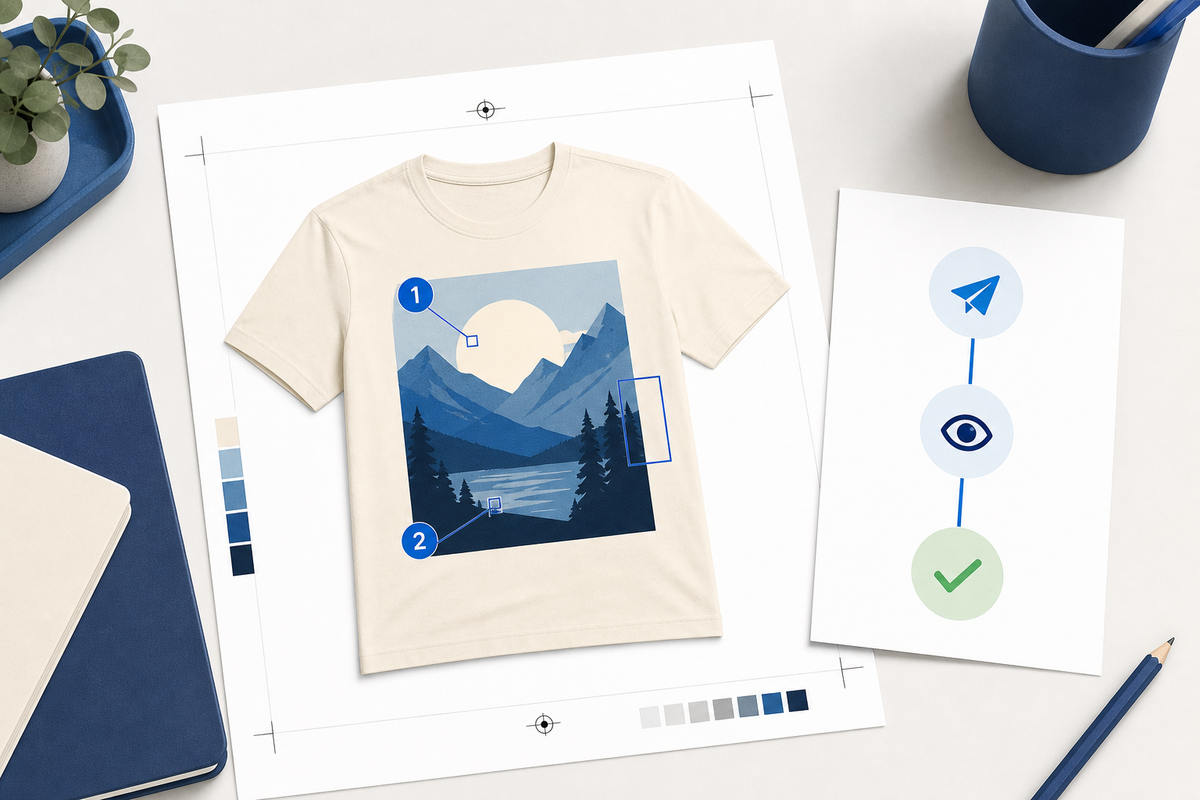 A t-shirt art proof with two numbered marks, next to a card showing sent, opened and approved