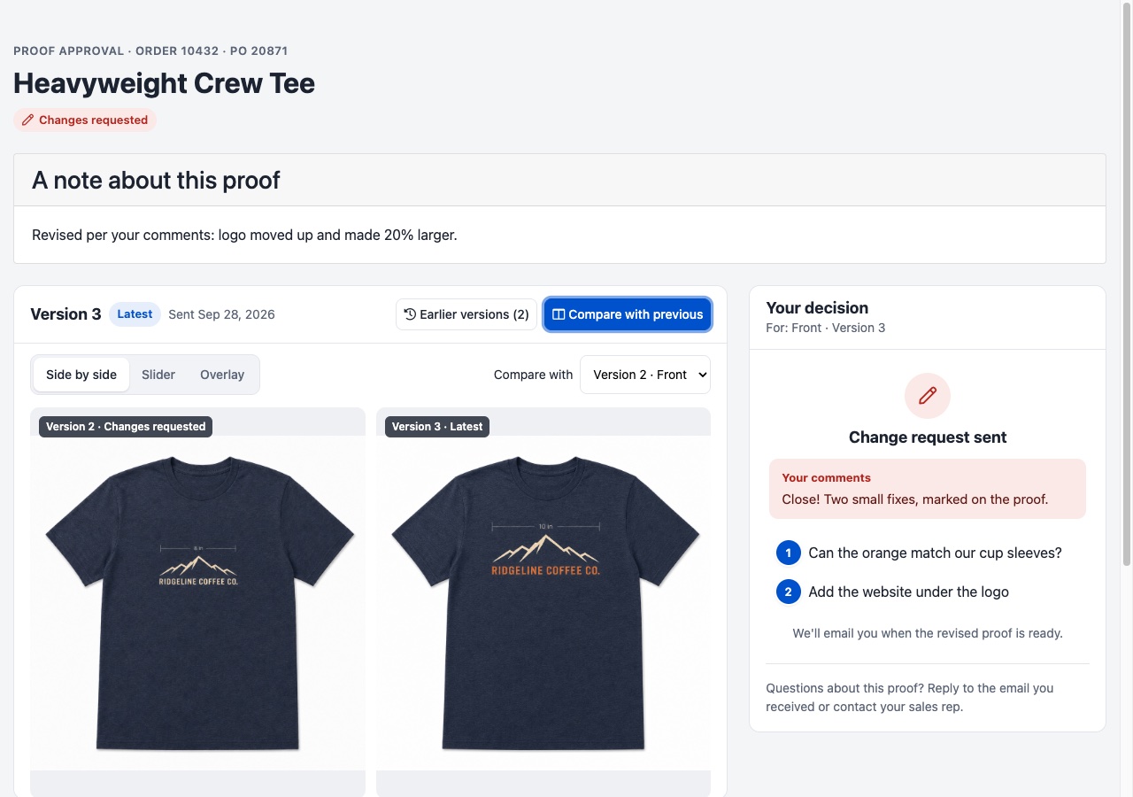 A proof page comparing version 2 and version 3 of a t-shirt design side by side